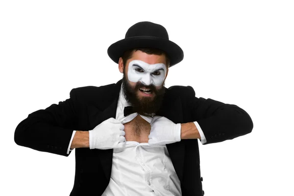 Mime as a businessman tearing his shirt off — Stock Photo, Image