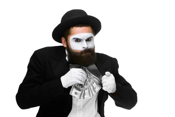 Mime as businessman putting money in his pocket — Stock Photo, Image