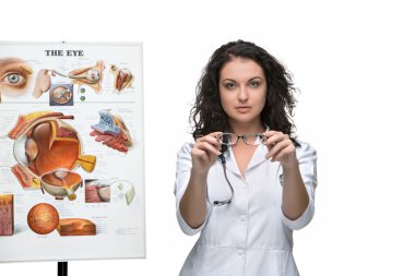 Optisyenlik veya düşünülmeli kadın gözlük veren