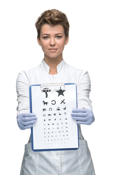 Male ophthalmologist with eye chart — Stock Photo, Image