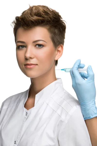 Pretty young woman and vaccine syringe — Stock Photo, Image