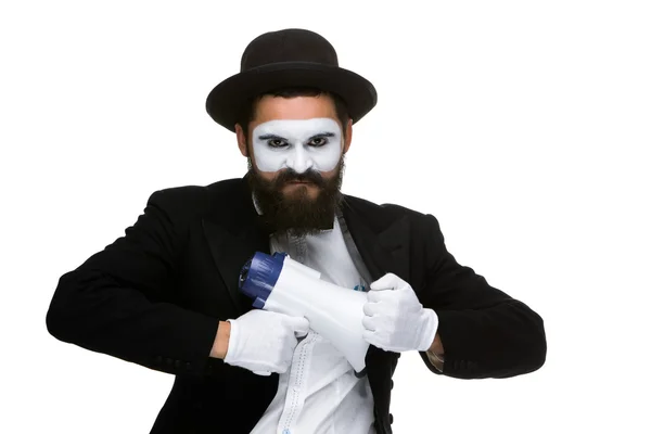 MIME als zakenman met een megafoon — Stockfoto