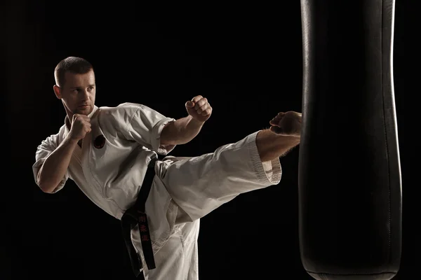 Karate round kick in a punching bag — Stock Photo, Image