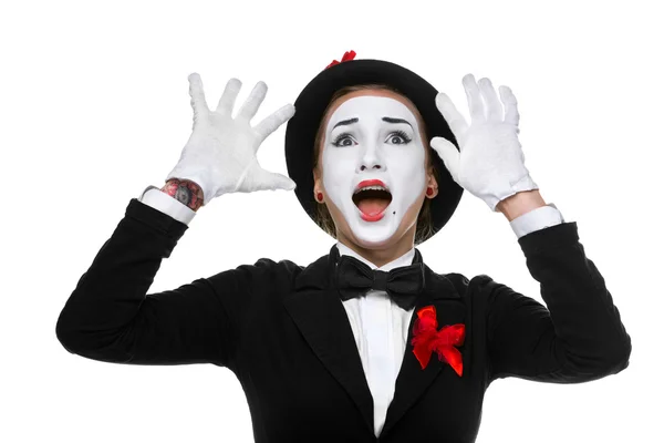 Portrait of the surprised and joyful mime with open mouth — Stock Photo, Image