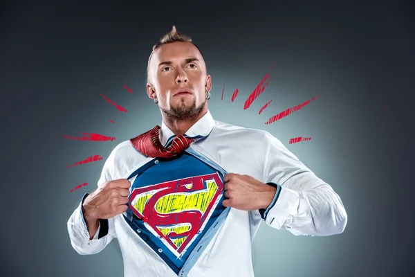 Businessman Acting Super Hero Tearing His Shirt Gray Background — Stock Photo, Image