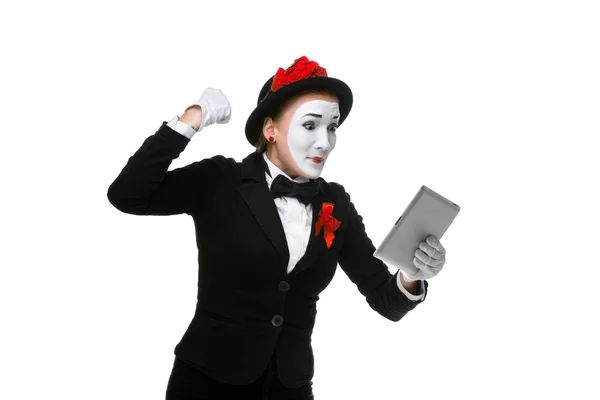 Business woman in the image mime holding tablet PC — Stock Photo, Image