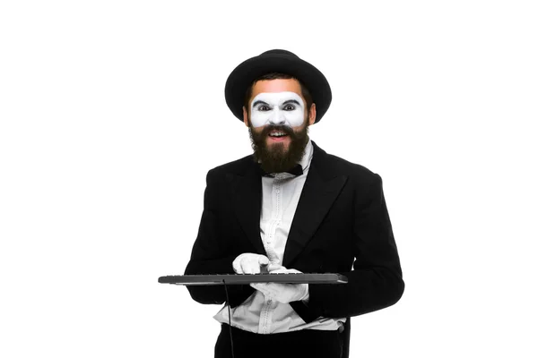 Mime as a businessman holdinga keyboard — Stock Photo, Image