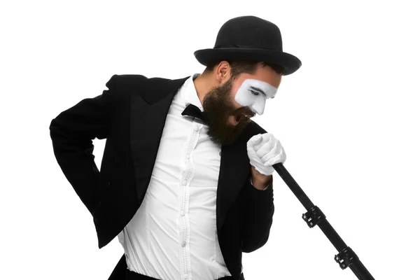 Portrait of a man as mime with tube or retro style microphone — Stock Photo, Image