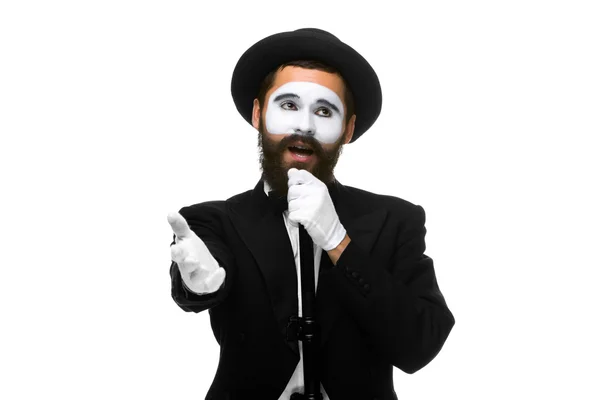 Portrait of a man as mime with tube or retro style microphone — Stock Photo, Image