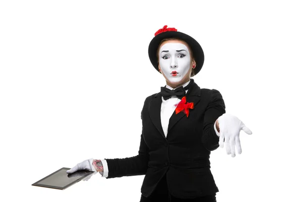 Surprised Business Woman Image Mime Holding Tablet Isolated White Background — Stock Photo, Image