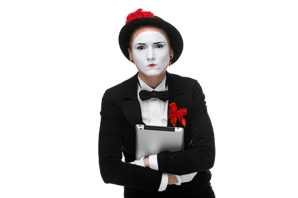 Business woman in the image mime holding tablet PC — Stock Photo, Image