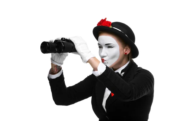 Portrait of the searching mime with binoculars — Stock Photo, Image