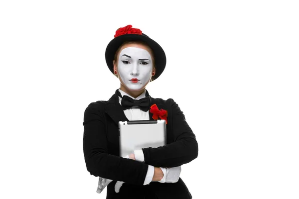 Business woman in the image mime holding tablet PC — Stock Photo, Image