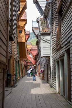 Bergen, Norveç'te ünlü Bryggen. Renkli ahşap evler.