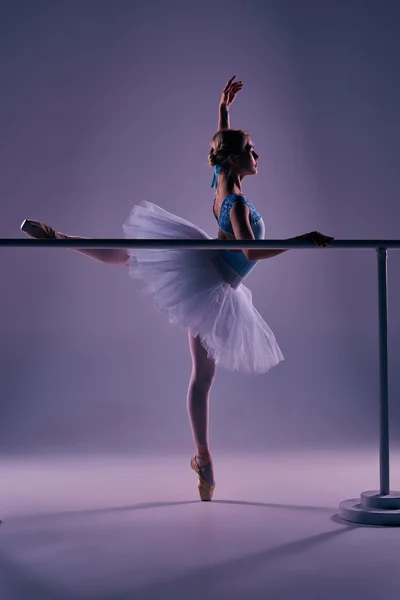 Bailarina clássico posando no ballet barre — Fotografia de Stock
