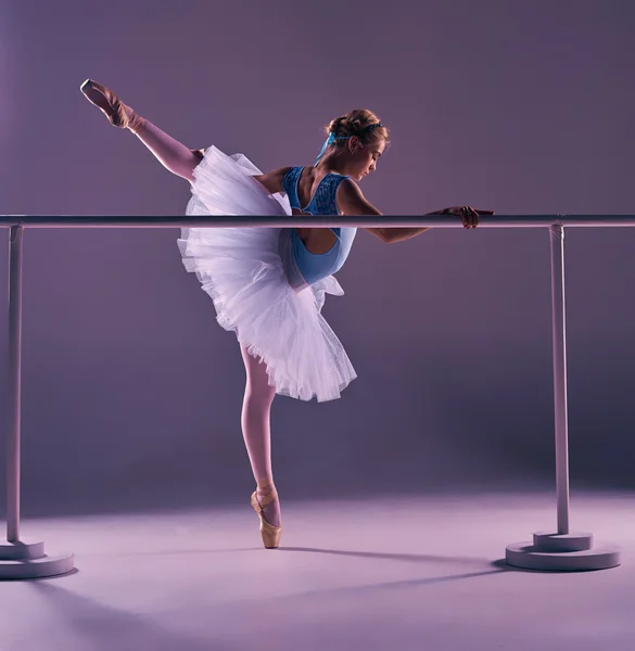 Bailarina clásica posando en la barra de ballet — Foto de Stock