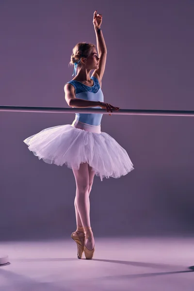Classic ballerina posing at ballet barre — Stock Photo, Image