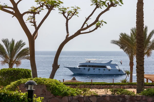 Motor yacht and beach at the luxury hotel — Stock Photo, Image