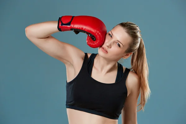 Young girl boxer punching herself as self punishment — Stock Photo, Image