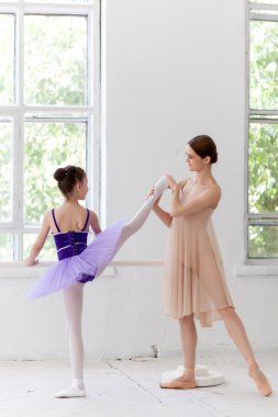 The little ballerina posing at ballet barre with personal teacher in dance studio