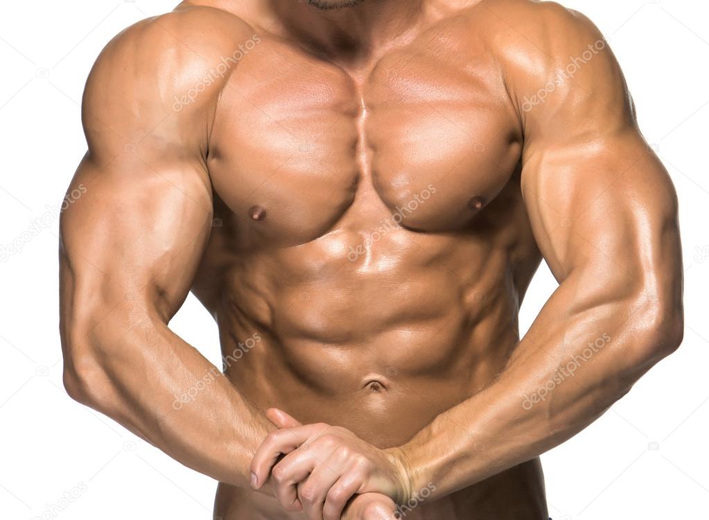 Attractive male body builder on white background