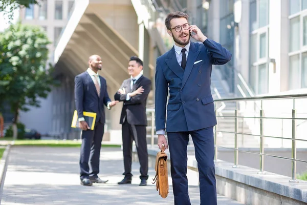 Portrait Multi Ethnic Business Team Three Men Standing Background City — Stock Photo, Image