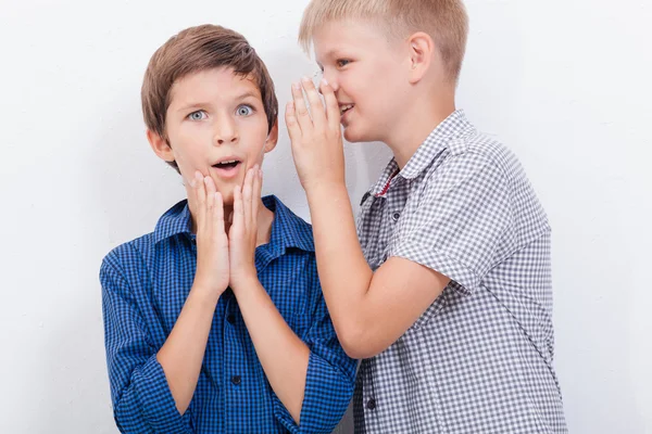 Tizenéves fiú suttogott a fülébe egy titkos friendl a fehér háttér — Stock Fotó