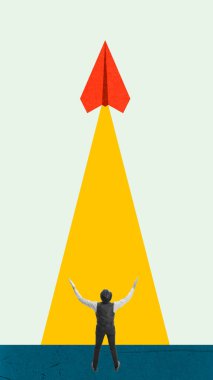 Creative collage. Businessman under red paper plane symbolizing growth and ambition. Concept of strategy and development, decision-making, and career motivation with emotional drive upward.