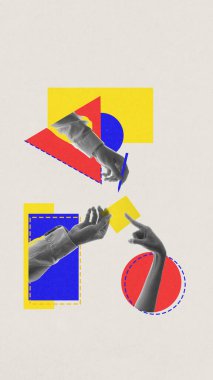 Abstract geometric collage of hands with primary color shapes. Concept of structure, creativity, and collaboration in modern design, communication, and digital art projects.