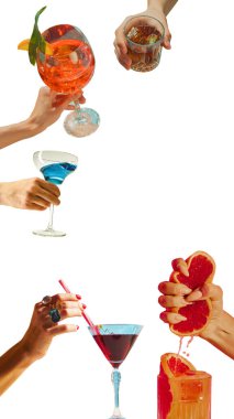 Modern collage. Hands holding bright cocktails and squeezing grapefruit juice. Concept of fresh mixology, creativity, and beverage design for bars, menus, branding, and lifestyle visuals.