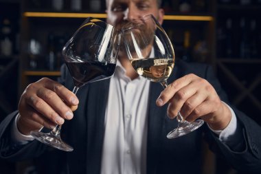 Loş bir barda kırmızı ve beyaz şarapla kadeh kaldıran şarap garsonlarını kapatın. Sanat ve görsel kültür kavramı, lüks hizmet reklamları, bağlantıyı sembolize eden, kutlama ve zarif duygu..