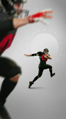 Dijital sanat eseri. Amerikalı futbolcu atlarken siyah üniformalı bir topla koşuyor. Motivasyon kavramı, kararlılık, güç, atletizm yarışmasında hız güç ve güveni gösterir.