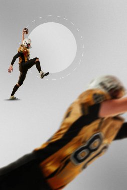 Minimalist kolaj. Sarı üniformalı futbolcu, topu tutarak yükseğe zıpladı. Motivasyon kavramı, başarı, güven cesaret ve kişisel başarıyı simgeliyor..