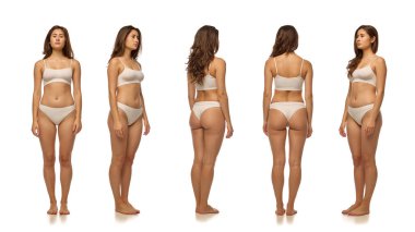 Ürün referansı için stüdyoda duran bej iç çamaşırlı kadın kompozisyonu. İç çamaşırı reklamcılığı, iç çamaşırı kataloğu moda kampanyaları, vücut çeşitliliği tanıtımı..