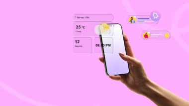 Moda kolajı. Havada süzülen akıllı telefonlar ve pembe arka planda iletişim cihazları. Akıllı ev konsolu, ses asistanı bağlantısı ve modern yaşam tarzı kontrolü kavramı.