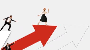 İş adamlarının liderlik ve başarıya ulaşmak için ok attığı bir döngü animasyonu. Takım çalışması, kurumsal büyüme, motivasyon, iş başarısı ve profesyonel hırs kavramı