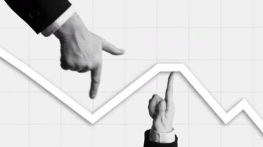 Hareket animasyonunu durdur. Düşen iş grafiğini düzelme yönünde şekillendiren eller. Finansal kriz, piyasa istikrarı, takım çalışması ve duygusal esneklik kavramı.