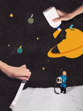 Çocuk astronot, el yapımı gezegenleri yaratıcı uzay kompozisyonu ile keşfediyor. Çocuk gelişimi kavramı, erken bilim eğitimi, hayal gücü büyümesi ve BTMM yaratıcılığı.