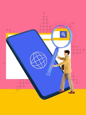 Cesur poster. Küre ikonlu büyük akıllı telefon ve elinde büyüteç tutan adam. Mobil SEO, uygulama pazarlama, arama görünürlüğü ve dijital tanıtım kavramı.