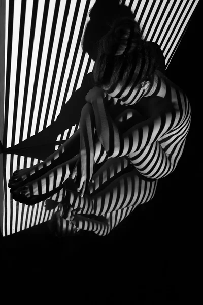 Nude Woman Her Reflection Black White Zebra Stripes Black White — Stock Photo, Image
