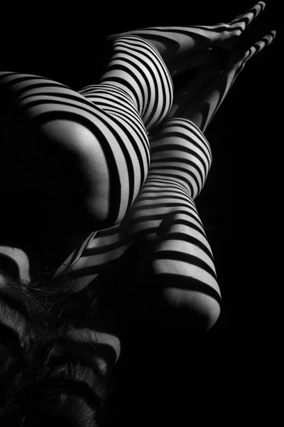 Mulher Nua Seu Reflexo Com Listras Zebra Preto Branco Foto — Fotografia de Stock