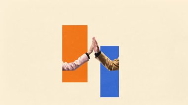 Animasyon reklamı. Megafon parmaklı yaratıcı kolaj ve takım çalışmasını temsil eden geometrik şekiller. Liderlik kavramı, iş, iletişim ve pazarlama görselleri için işbirliği.