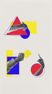 Yaratıcı video reklamı. Dijital iletişimi sembolize eden geometrik şekilli modern el kolajı. Ağ oluşturma kavramı ve markalaşma, dijital pazarlama ve web tasarım görselleri için bağlantı.