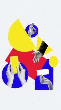 Modern reklam videosu. Birincil renk şekilli ellerin soyut geometrik kolajı. Modern tasarım, iletişim ve dijital sanat projelerinde yapı, yaratıcılık ve işbirliği kavramı.