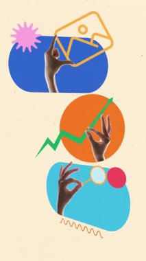 Promosyon videosu. Yaratıcı dijital posterde büyüme ve araştırma simgelerini tutan eller. Ticari başarı kavramı, analitik ve pazarlama, yenilik ve görsel tasarım fikirleri için yaratıcı ilerleme.