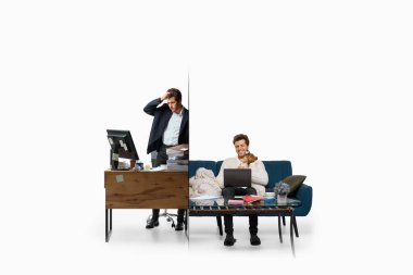 Kafası karışmış ofis çalışanı, neşeli, uzaktan kumandalı, köpekli, duygusal ikilikle çelişiyordu. İnsan Kaynakları materyalleri kavramı, esnek çalışma biçimleri, refah görüşleri ve tükenmeyi önleme. Modern poster