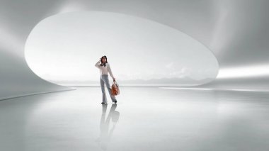 Fütüristik mimarinin yumuşak sanat eserleri. Parlak salonda yürüyen bir kadın. Yenilikler kavramı, mimari akıcılık, seyahatin refahı ve geniş estetik ortamlar.