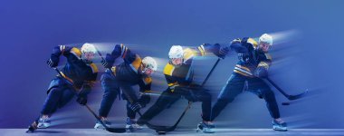 Mavi arka planda hokey oyuncusu hareketinin dizi kompozisyonu. Eğitim görselleştirme, yetenek ilerlemesi, teknik bozulma, spor eğitimi ve dijital koçluk içeriği kavramı.