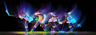 Esmer arka planda hokey oyuncusu hız izi kolajı. Hız dinamiği, tepki eğitimi, patlayıcı hareket, spor performansı ve güçlü enerjili pazarlama görselleri kavramı.