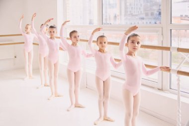 Bale sınıfı, bar egzersizi sırasında kol pozisyonlarını yükseltiyor. Teknik beceri geliştirme kavramı, temel bale egzersizleri, yapılandırılmış ders ilerlemesi, stüdyo çalışma ortamı.